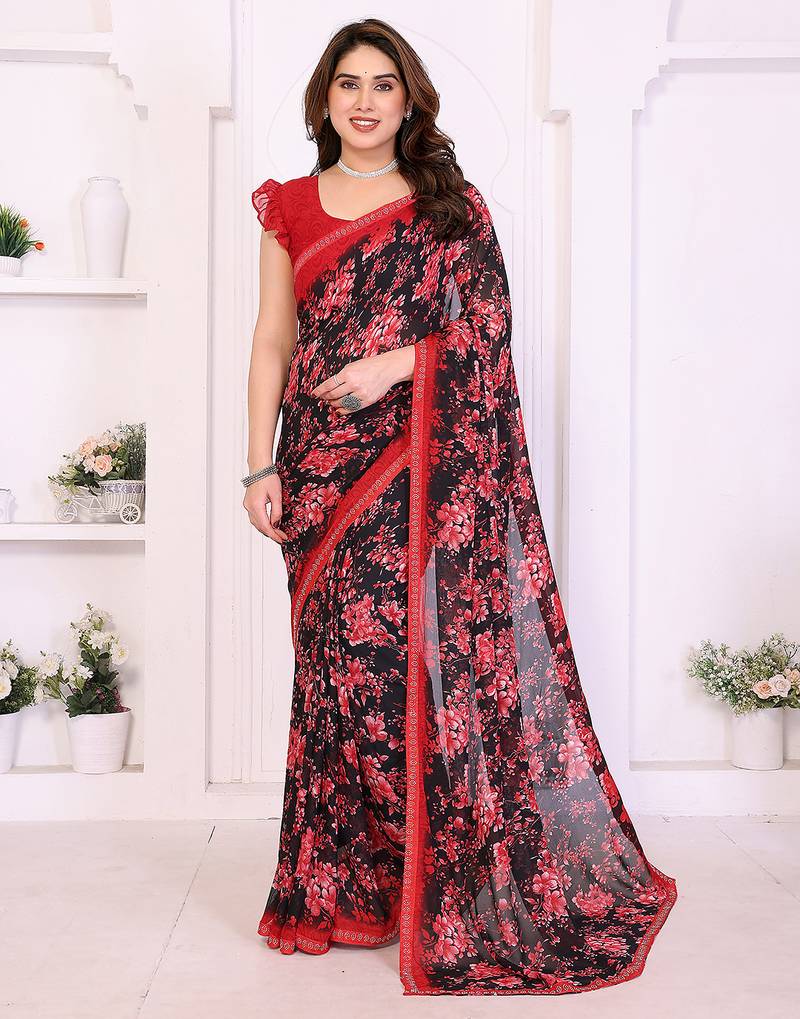 red floral georgette saree with lace border & blouse piece