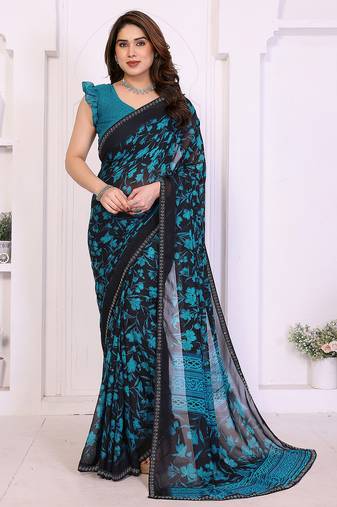 blue floral georgette saree with lace border & blouse piece