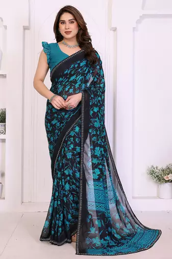 blue floral georgette saree with lace border & blouse piece