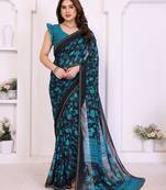 blue floral georgette saree with lace border & blouse piece
