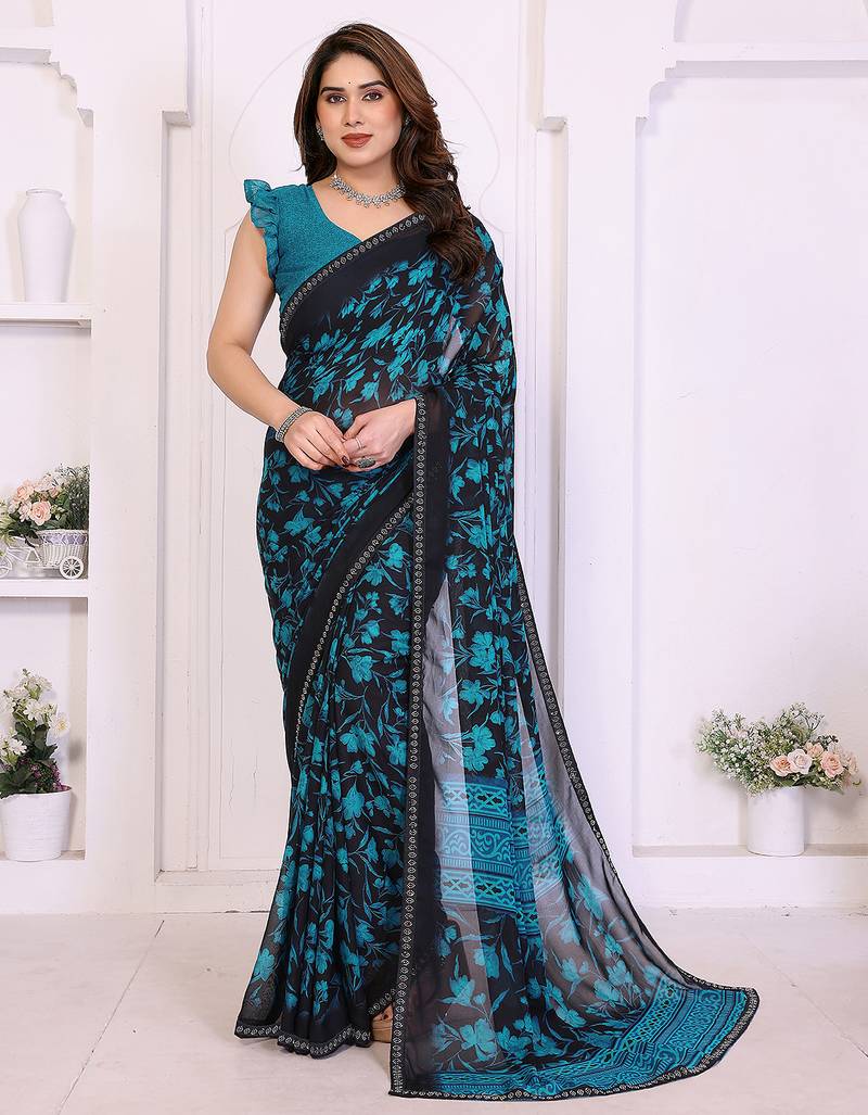 blue floral georgette saree with lace border & blouse piece