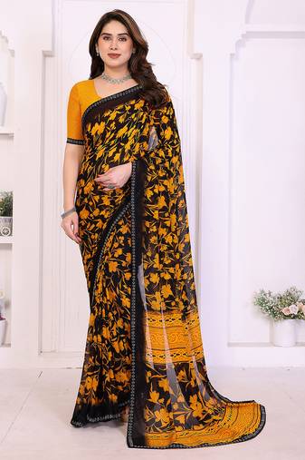   yellow floral georgette saree with lace border & blouse piece