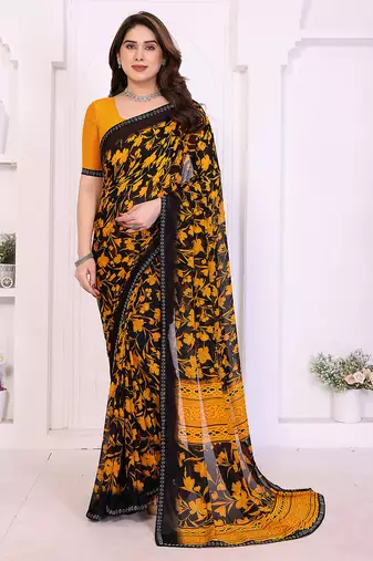   yellow floral georgette saree with lace border & blouse piece