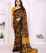  yellow floral georgette saree with lace border & blouse piece