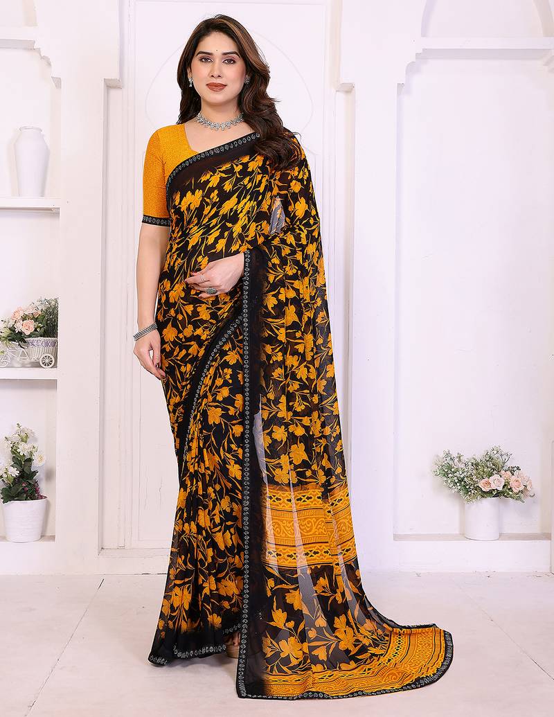  yellow floral georgette saree with lace border & blouse piece