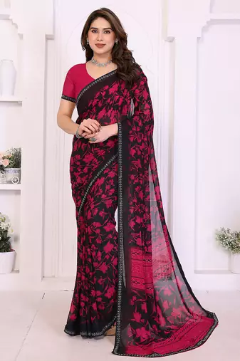pink floral georgette saree with lace border & blouse piece