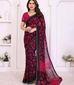 pink floral georgette saree with lace border & blouse piece