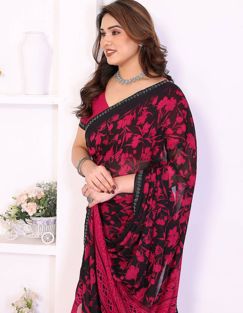 pink floral georgette saree with lace border & blouse piece