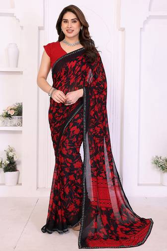 red floral georgette saree with lace border & blouse piece