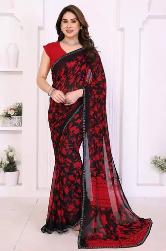 red floral georgette saree with lace border & blouse piece