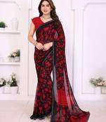 red floral georgette saree with lace border & blouse piece