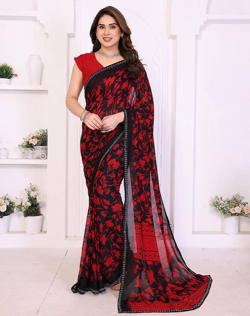 red floral georgette saree with lace border & blouse piece