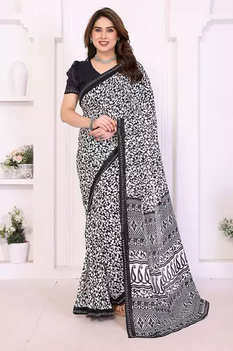 black floral georgette saree with lace border & blouse piece
