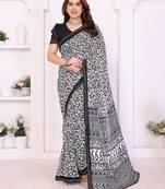 black floral georgette saree with lace border & blouse piece