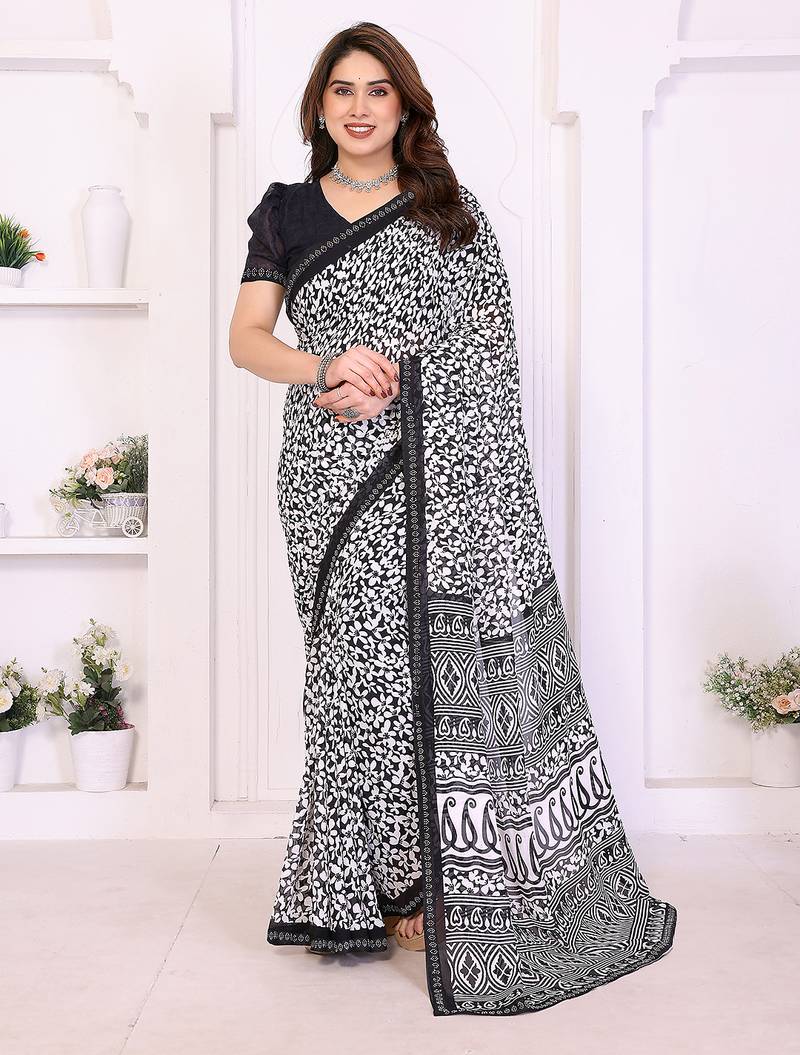 black floral georgette saree with lace border & blouse piece
