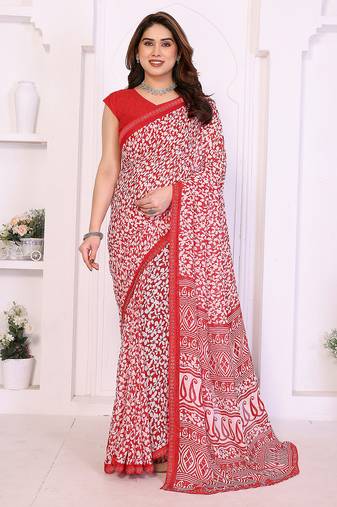 red floral georgette saree with lace border & blouse piece
