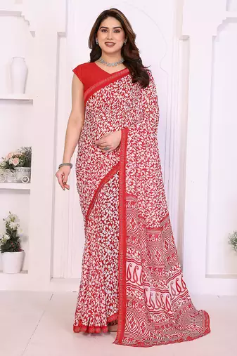 red floral georgette saree with lace border & blouse piece