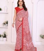 red floral georgette saree with lace border & blouse piece
