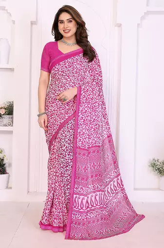 pink floral georgette saree with lace border & blouse piece