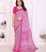 pink floral georgette saree with lace border & blouse piece