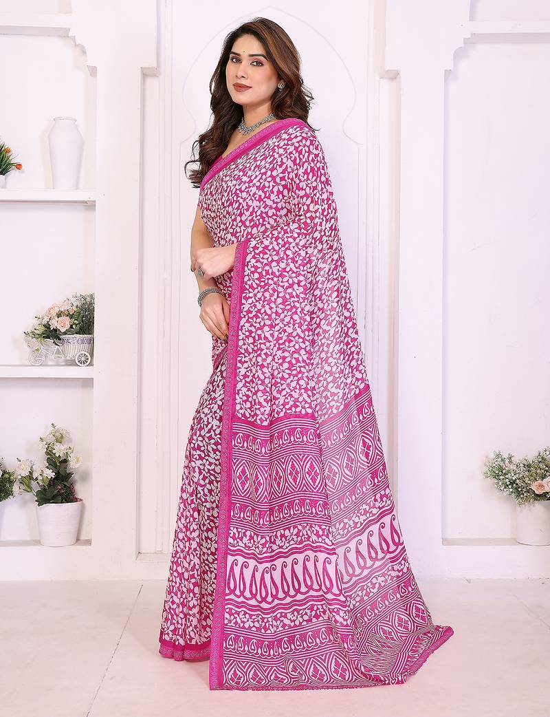 pink floral georgette saree with lace border & blouse piece