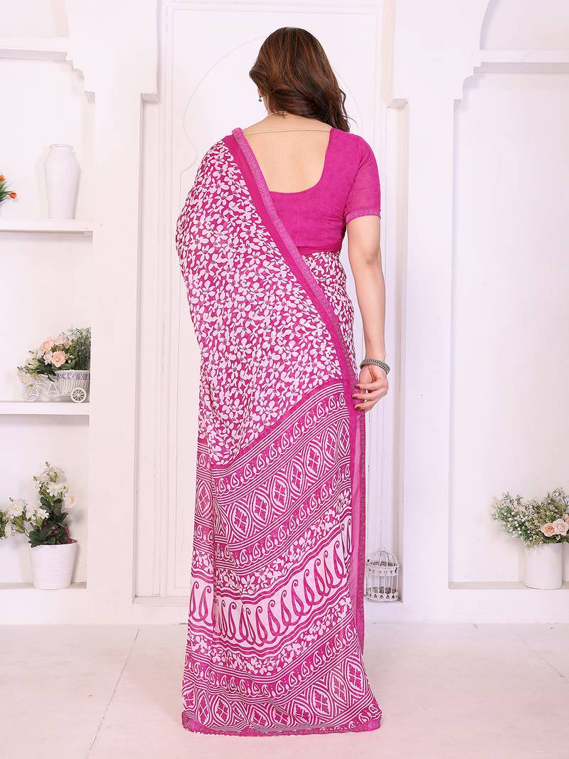 pink floral georgette saree with lace border & blouse piece
