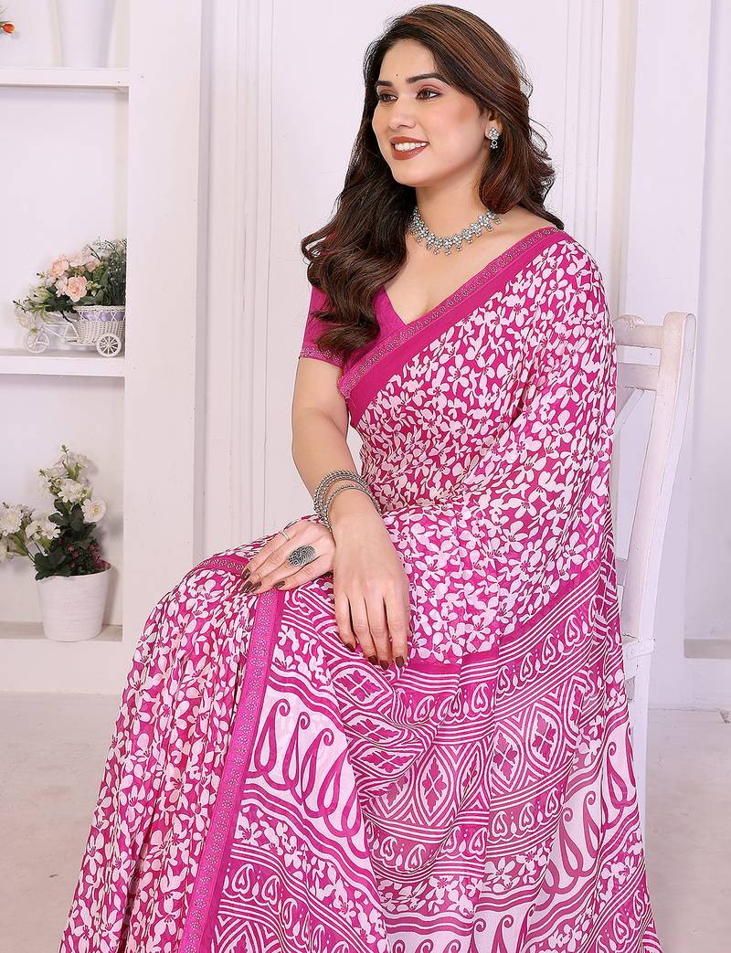 pink floral georgette saree with lace border & blouse piece