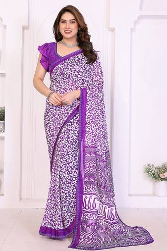   purple floral georgette saree with lace border & blouse piece