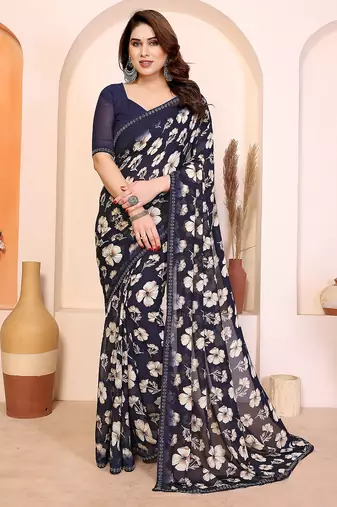 blue floral georgette saree with lace border & blouse piece