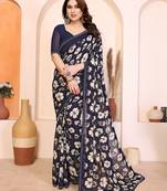 blue floral georgette saree with lace border & blouse piece