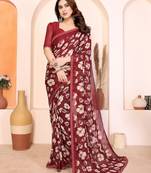 maroon floral georgette saree with lace border & blouse piece