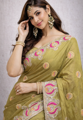 Green Color Soft Silk Georgette Embroidered Saree