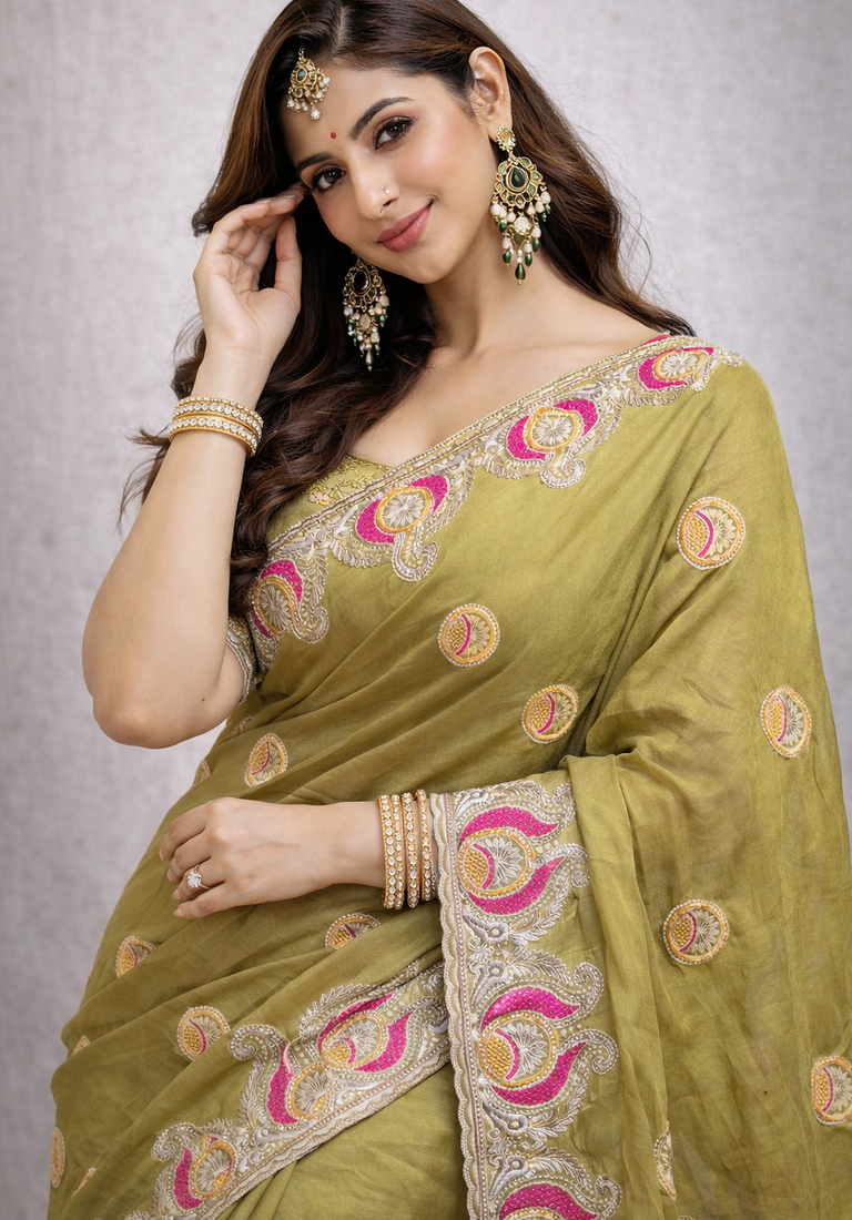Green Color Soft Silk Georgette Embroidered Saree