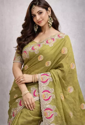 Green Color Soft Silk Georgette Embroidered Saree