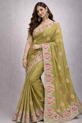 Green Color Soft Silk Georgette Embroidered Saree