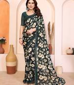 green floral georgette saree with lace border & blouse piece