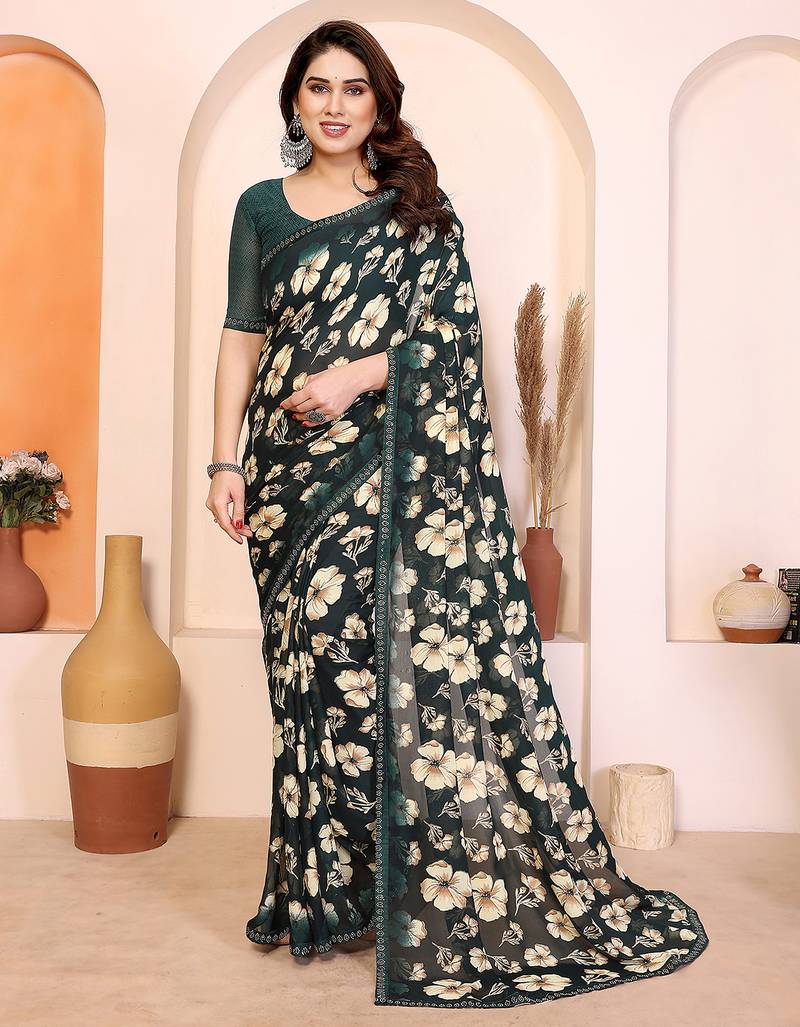 green floral georgette saree with lace border & blouse piece