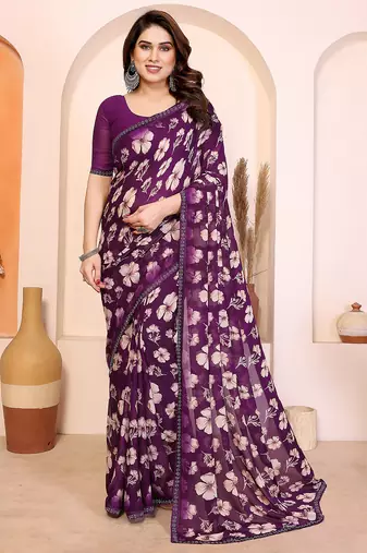   purple floral georgette saree with lace border & blouse piece