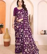  purple floral georgette saree with lace border & blouse piece
