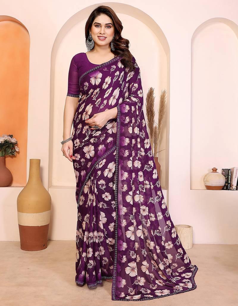  purple floral georgette saree with lace border & blouse piece