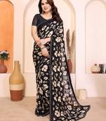 black floral georgette saree with lace border & blouse piece