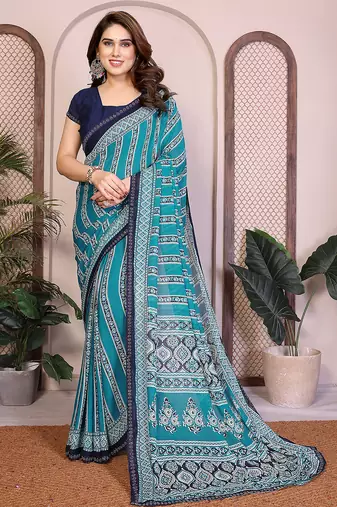 blue floral georgette saree with lace border & blouse piece
