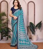 blue floral georgette saree with lace border & blouse piece