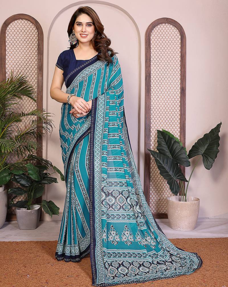 blue floral georgette saree with lace border & blouse piece