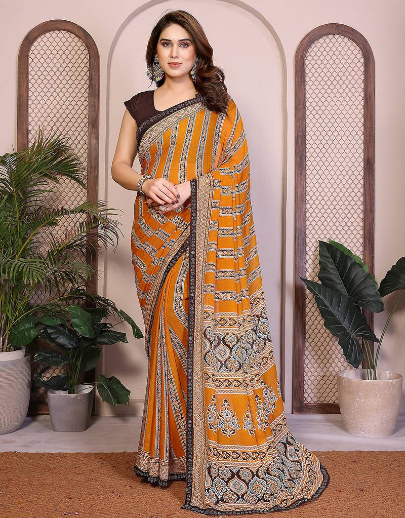  yellow floral georgette saree with lace border & blouse piece