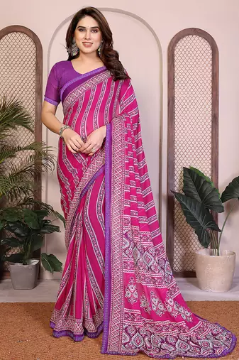 pink floral georgette saree with lace border & blouse piece