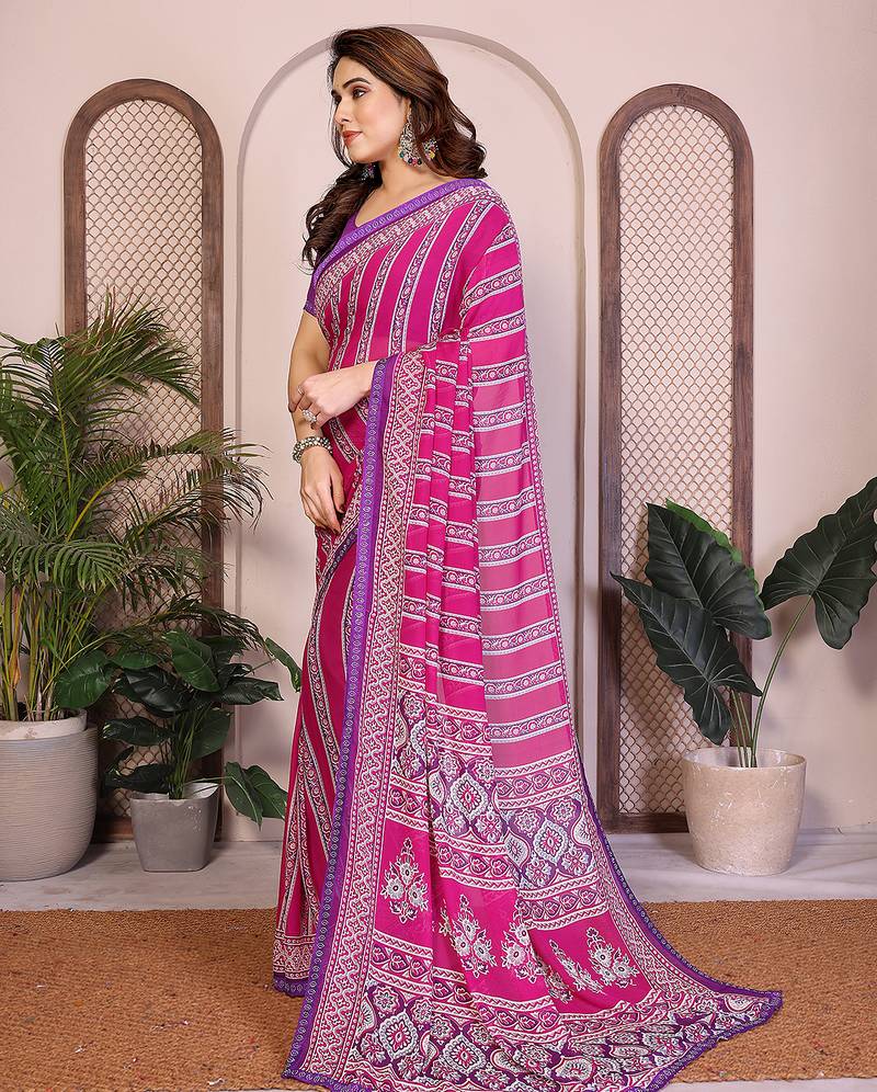 pink floral georgette saree with lace border & blouse piece
