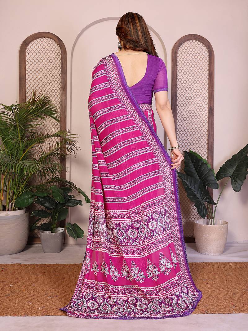pink floral georgette saree with lace border & blouse piece