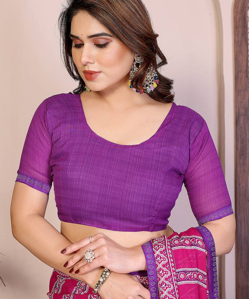 pink floral georgette saree with lace border & blouse piece