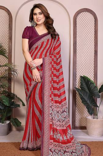 red floral georgette saree with lace border & blouse piece